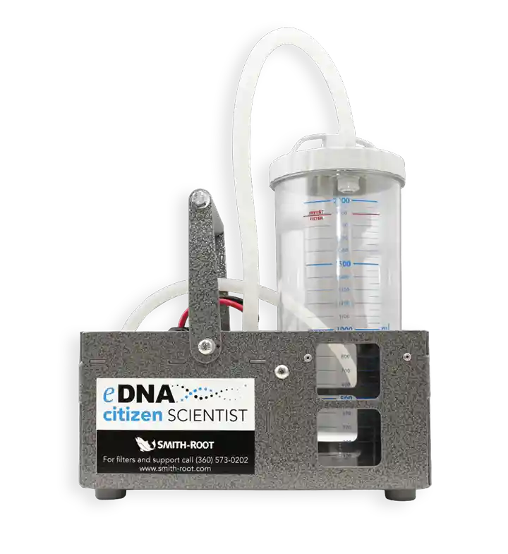 Portable eDNA Citizen Scientist device with tubing and measurement container by Smith-Root.