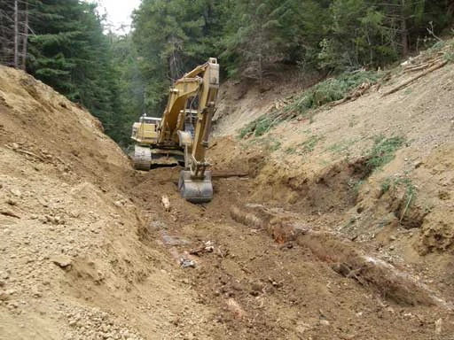 Excavator digging a channel through forest soil