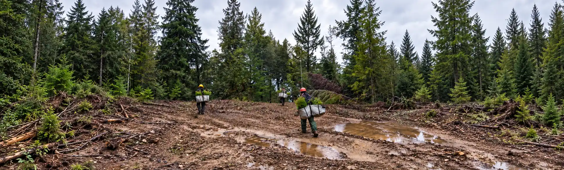 Three tree planters carrying seedlings across forest clearing