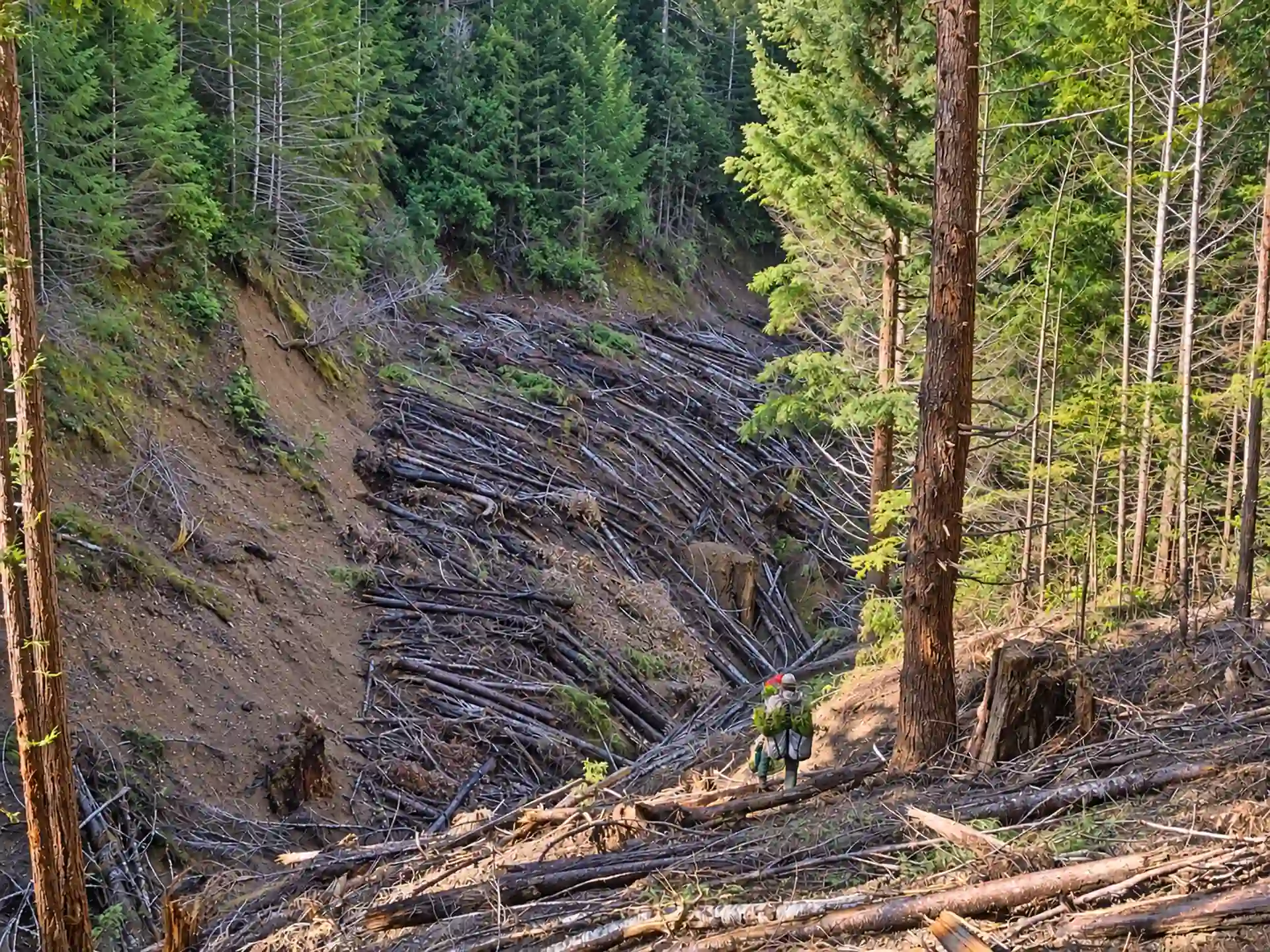 Tree planter carrying seedlings along a forest slope