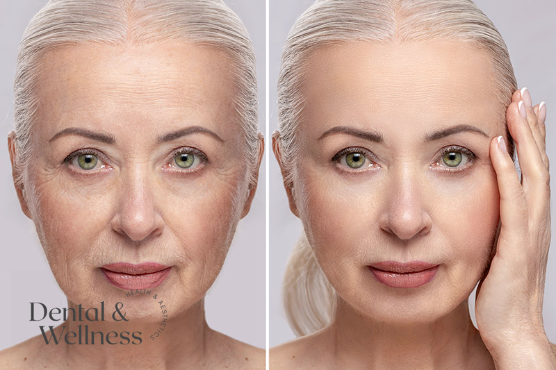 Side-by-side portraits of an older woman comparing skin firmness before and after treatment — crow's feet treatment