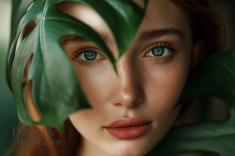 Close-up of a freckled woman's face partly covered by a monstera leaf — lip flip technique