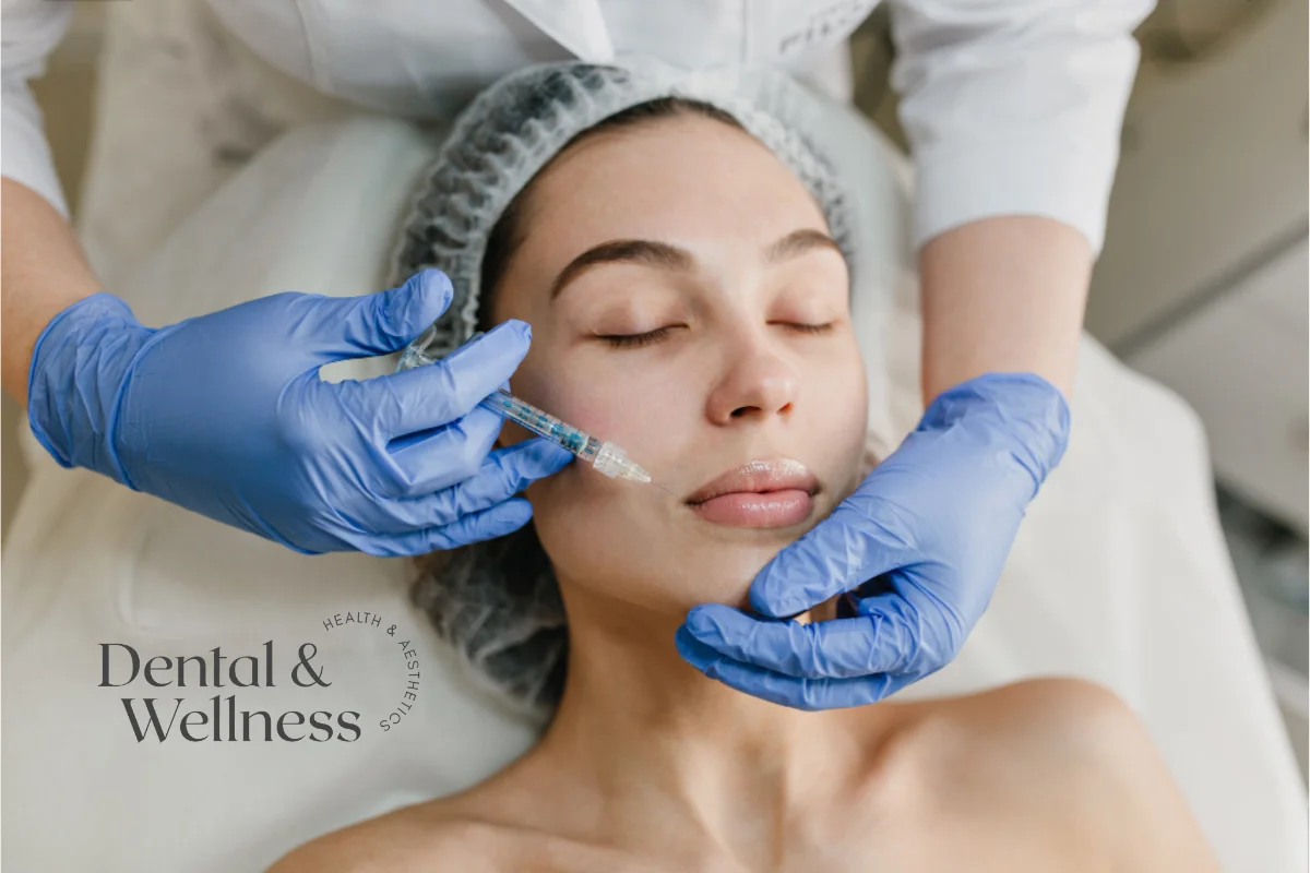 Anti-wrinkle treatment before and after: gloved clinician injecting into a woman's cheek area during an aesthetic treatment