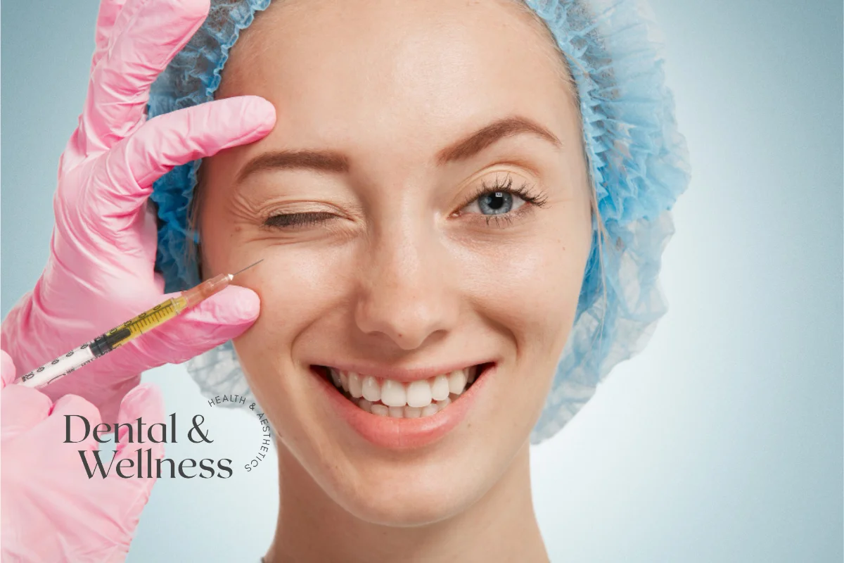 Smiling woman winking as a gloved hand holds a syringe near the outer corner of her eye
