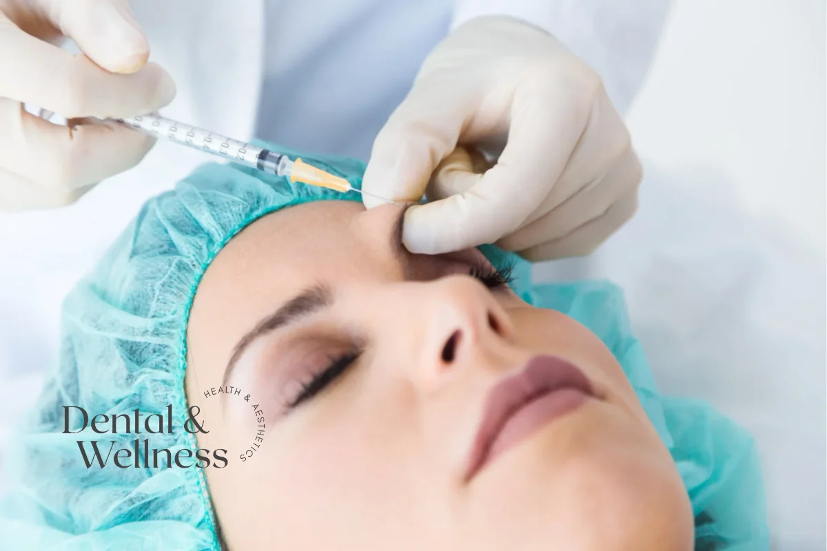 Practitioner giving an injection near the eye of a reclining patient