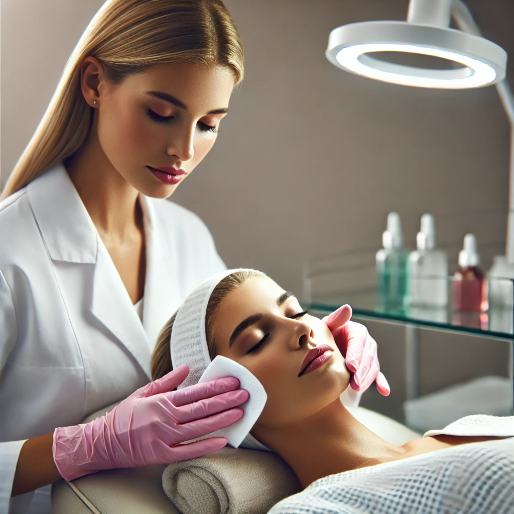 Therapist cleansing a woman's face during a facial treatment