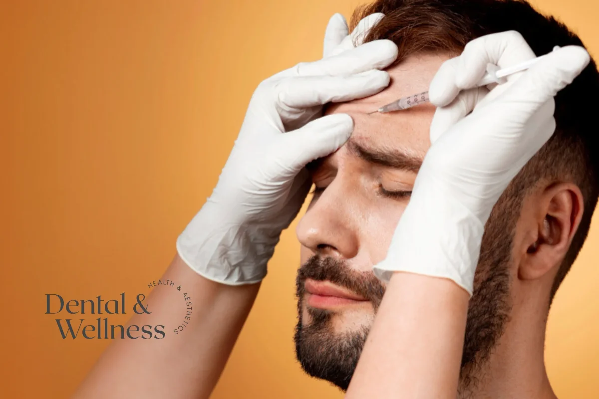 Gloved practitioner injecting a man's frown area