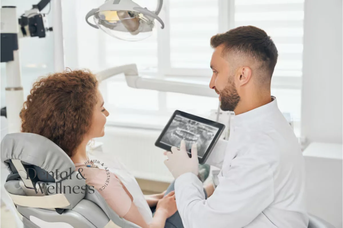 Dentist showing a patient her dental X-ray on a tablet