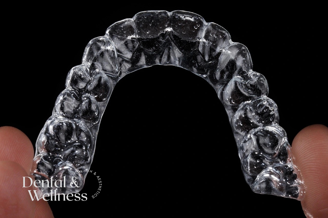 Close-up of a clear aligner held against a black background — Invisalign and clear aligner suitability