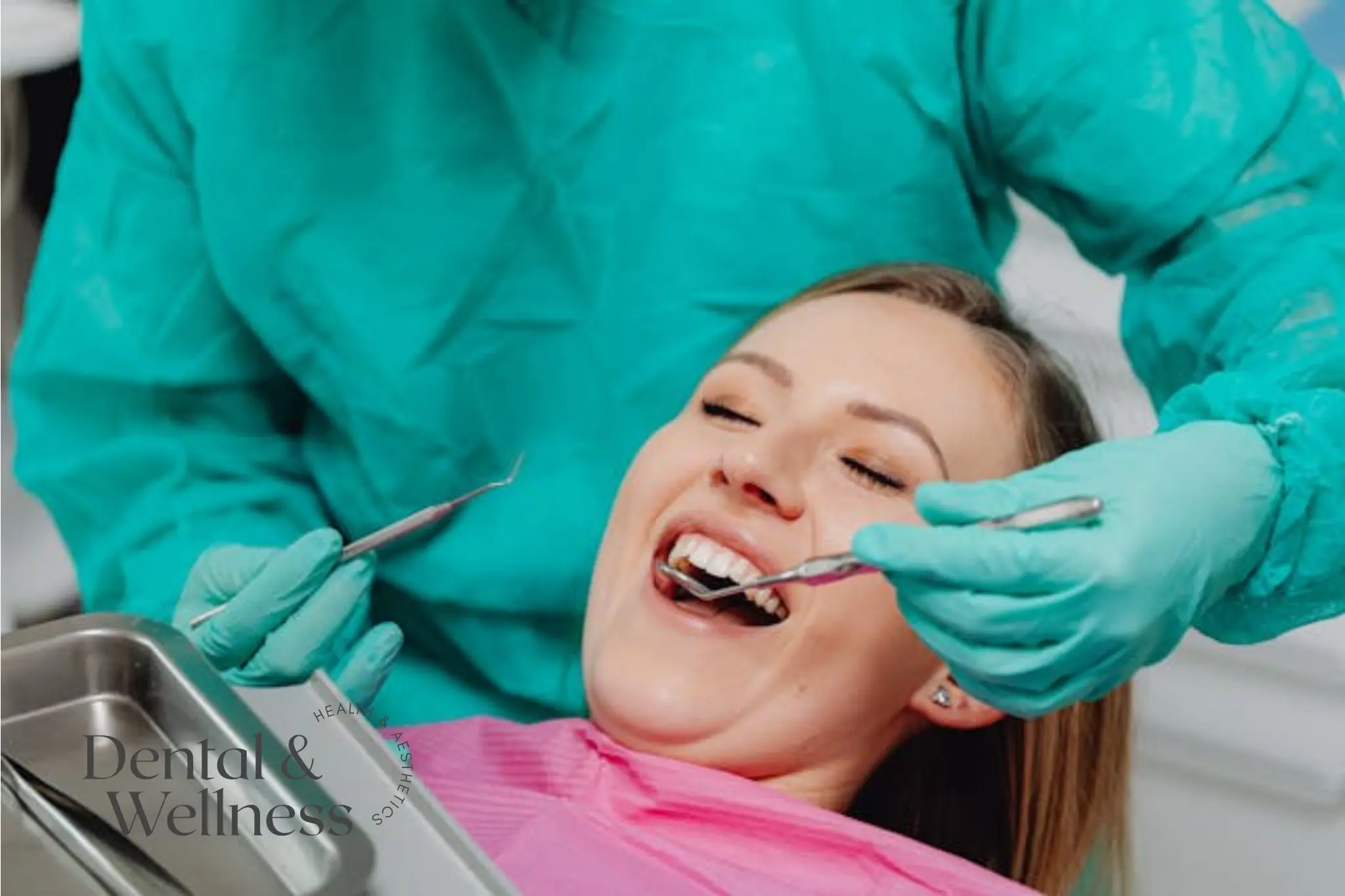Teeth whitening strip safety: smiling woman having her teeth examined with a dental mirror