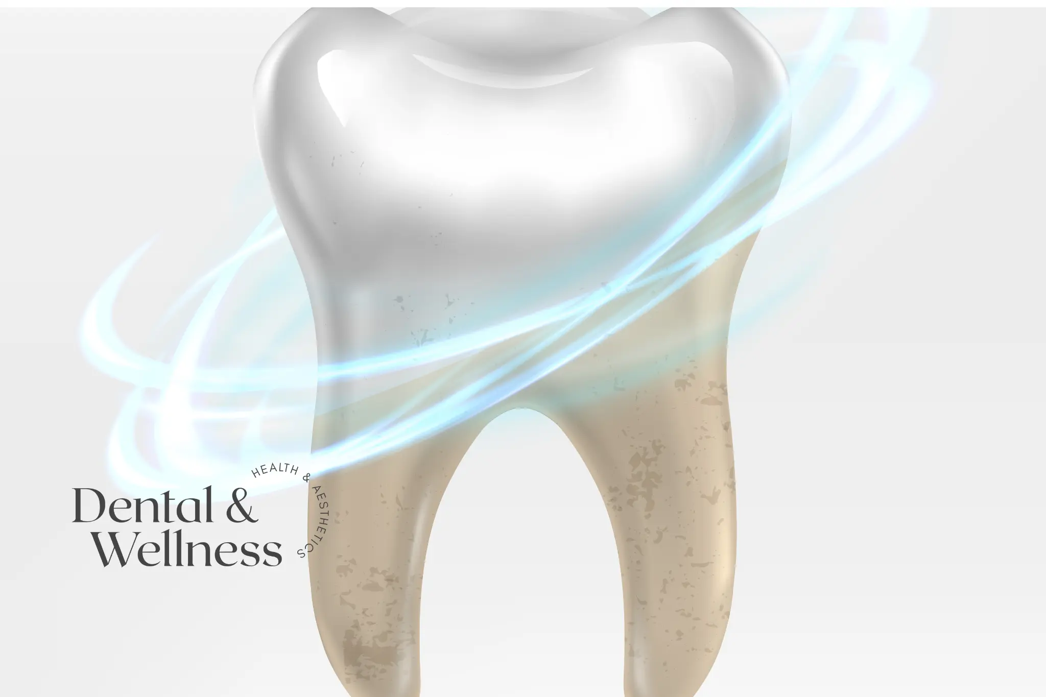 Illustration of a tooth half stained and half clean, with a swirl of light around it