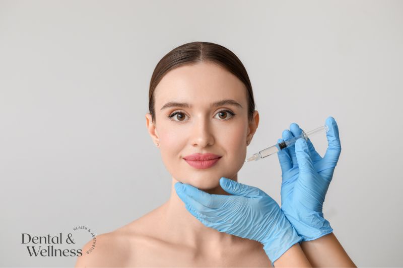 Muscle-relaxing treatment for bruxism: gloved clinician holding a syringe beside a woman's jawline