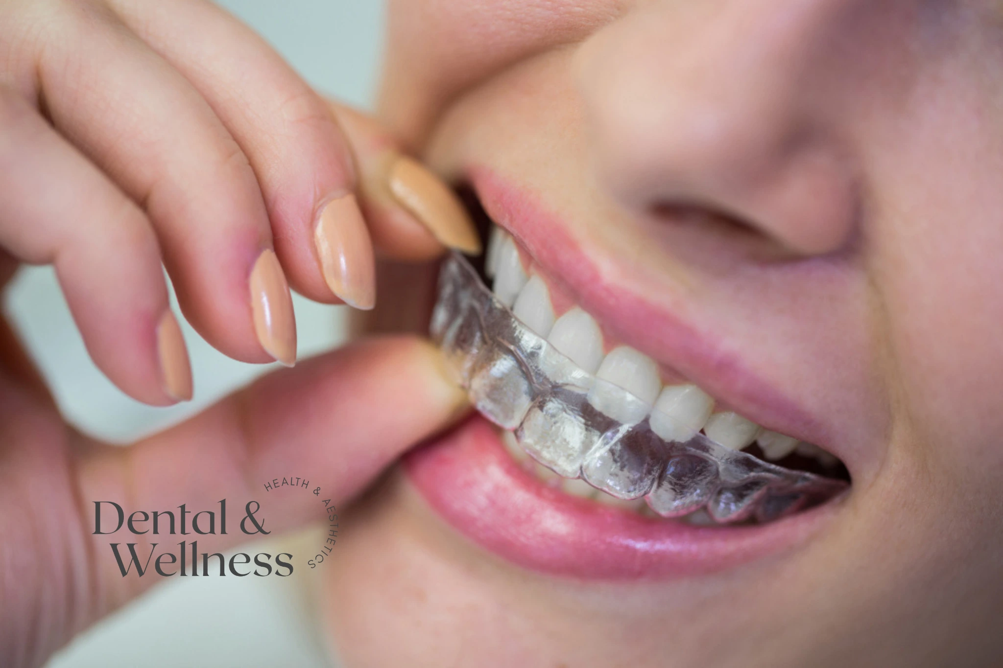 Woman fitting a clear aligner over her teeth — Invisalign and intimacy
