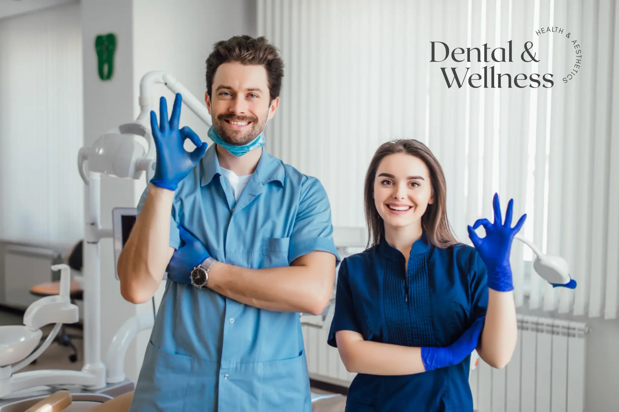 Smiling dentist and dental nurse giving an OK sign in the surgery — dental bone graft