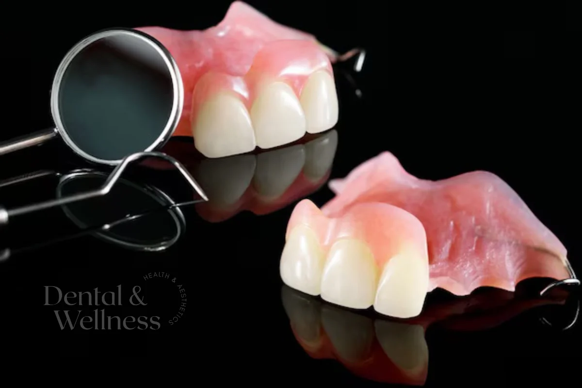 Dental flipper: two partial dentures with a dental mirror on a black background