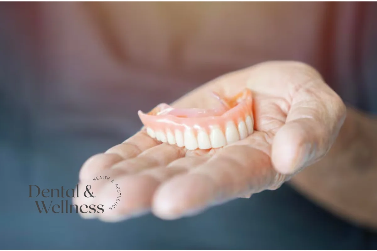 Hand holding a flexible partial denture — dental flipper