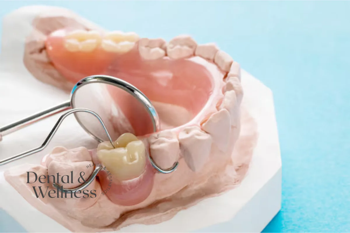 Partial dentures on a dental model with a dental mirror