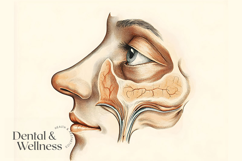 Anatomical illustration of the nose, sinuses and airway — anti-snoring nose clips and nasal strips