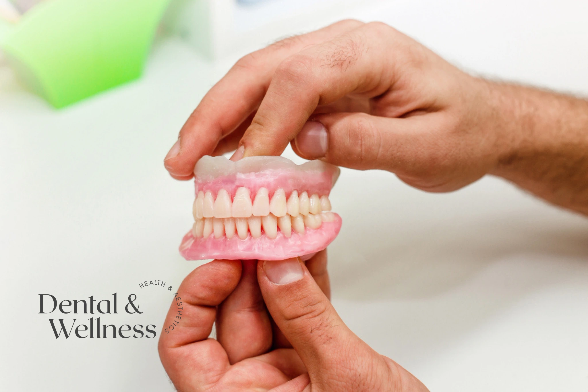 Flexible dentures: hands holding a full upper and lower denture