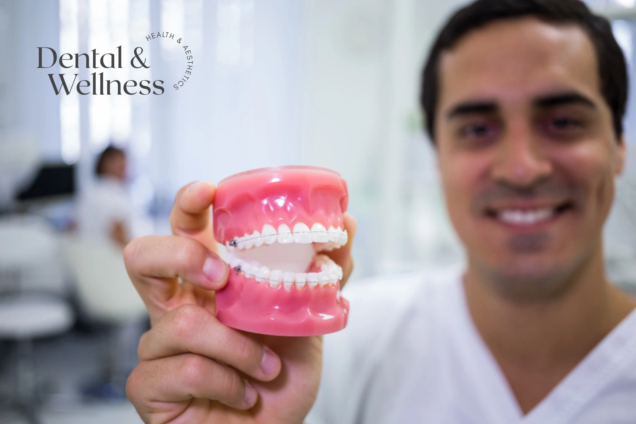 Smiling dentist holding up a full denture model