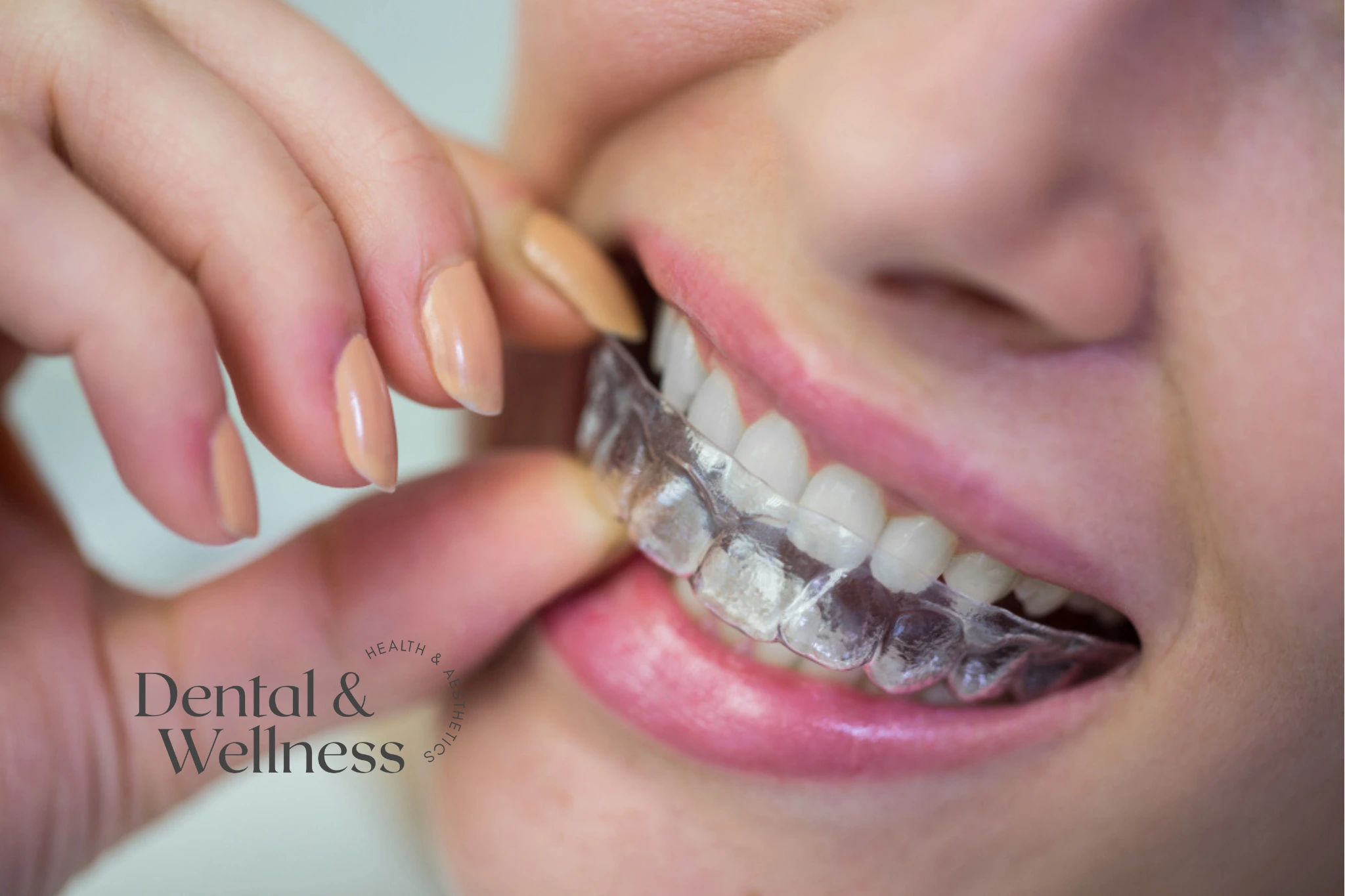 Woman fitting a clear aligner over her teeth — mouth guards