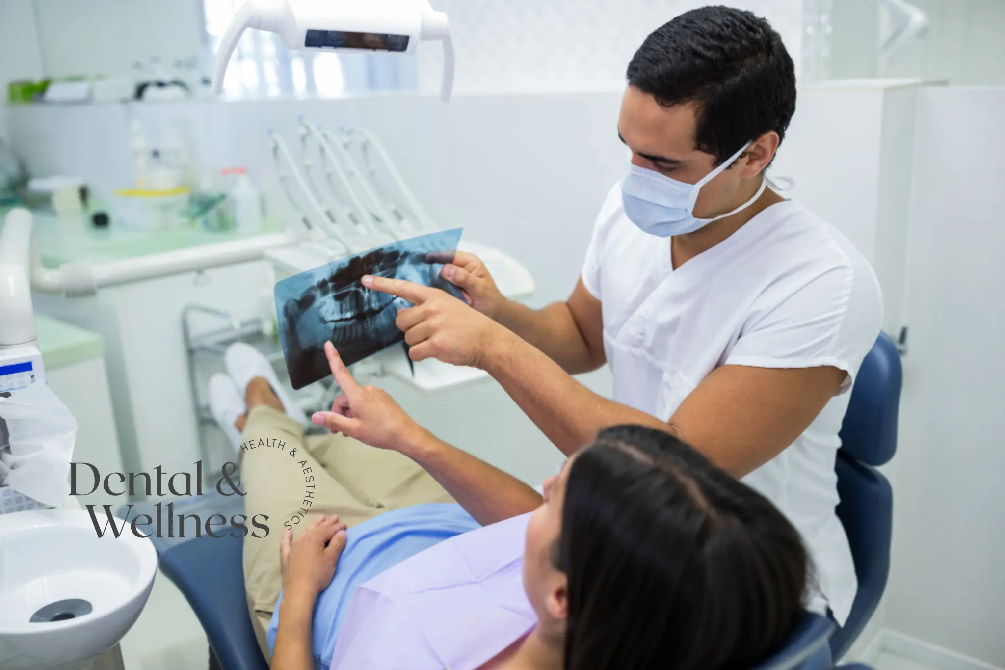 Dentist showing a patient her dental X-ray in the chair