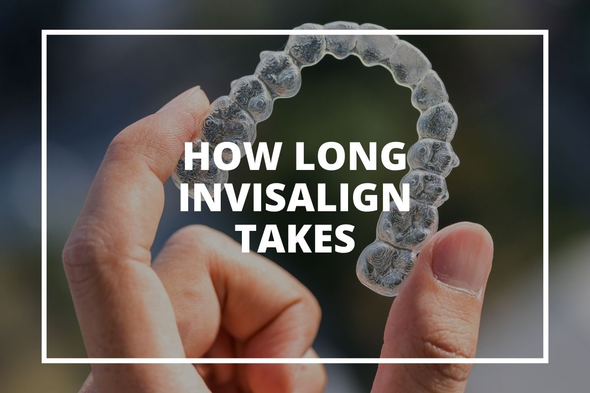 Invisalign treatment time: graphic reading 'How long Invisalign takes' over a hand holding a clear aligner