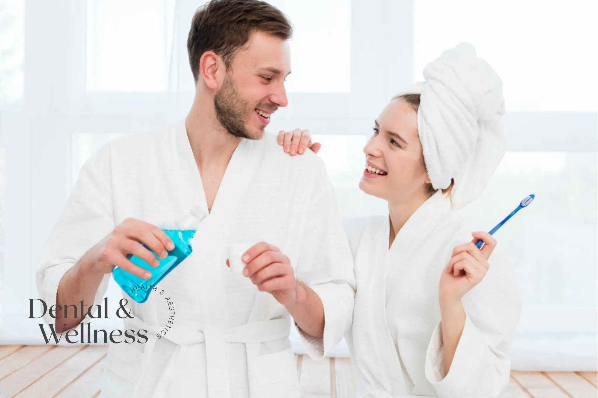 Couple in bathrobes brushing their teeth and using mouthwash — bad breath treatment