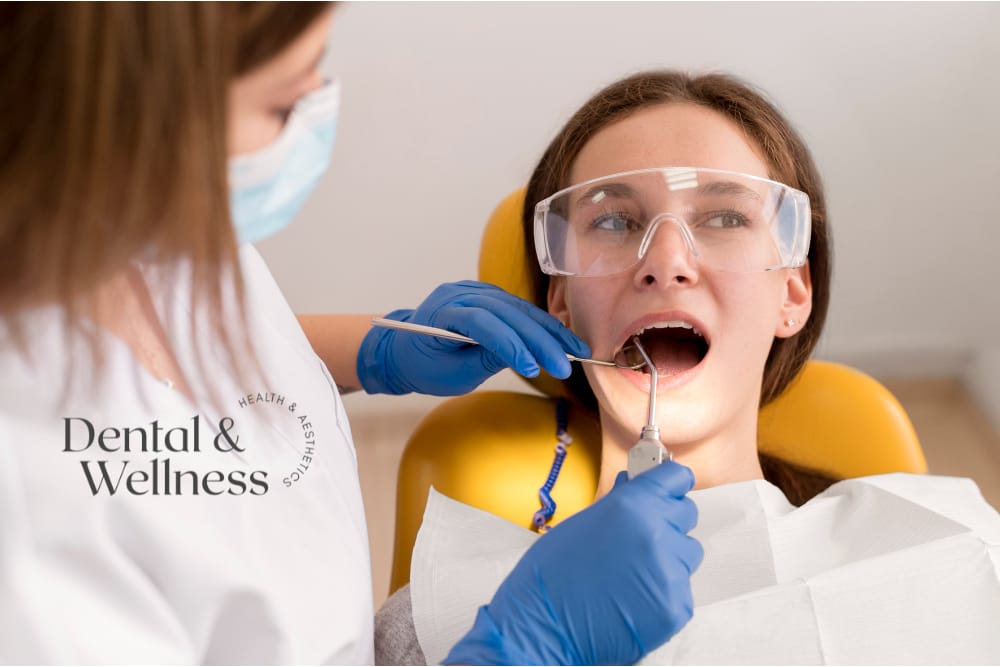 Teeth stain removal: young woman in protective glasses having her teeth examined