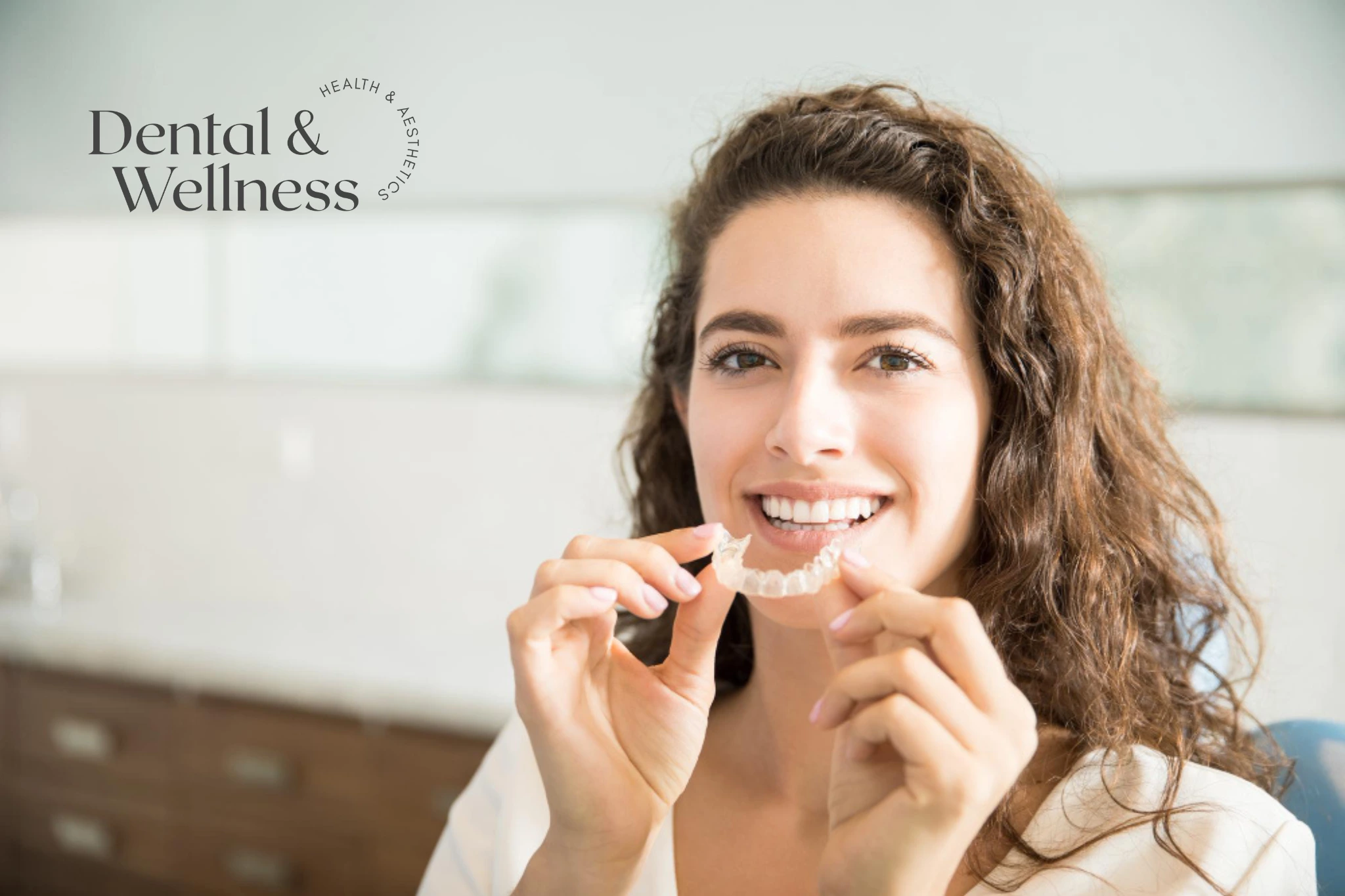 Smiling woman holding a clear aligner up to her teeth — Invisalign vs clear aligners