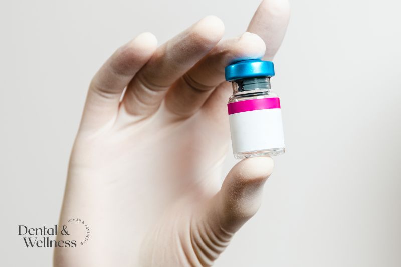Gloved hand holding a small medication vial