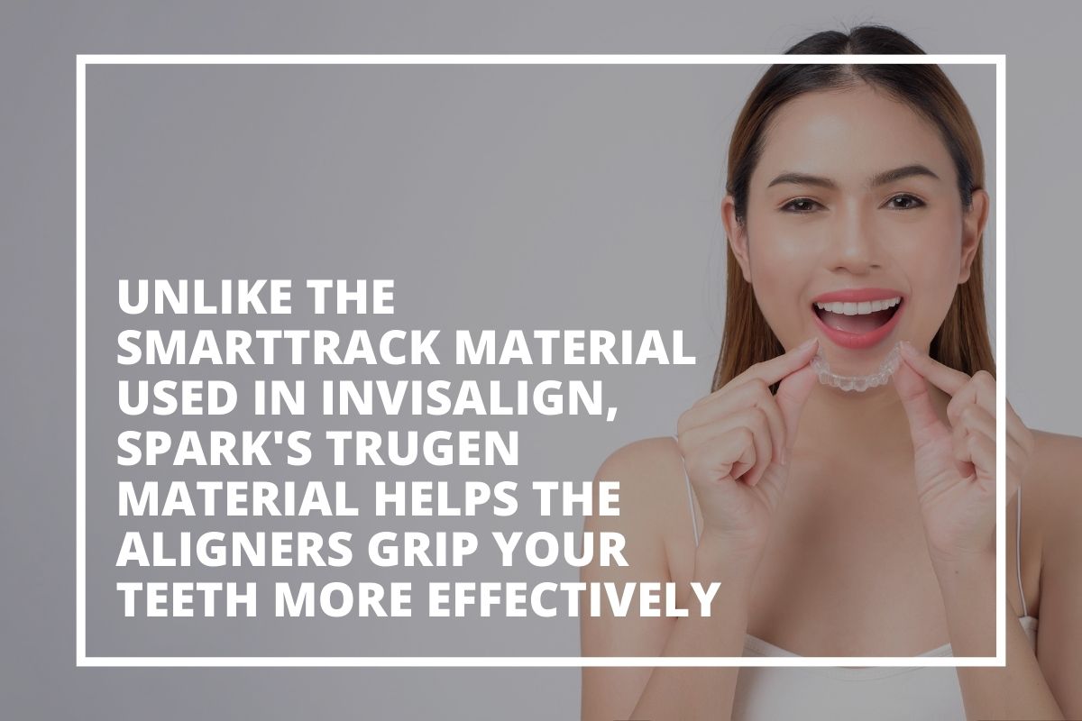 Graphic explaining that Spark aligners use a different material from Invisalign to grip the teeth
