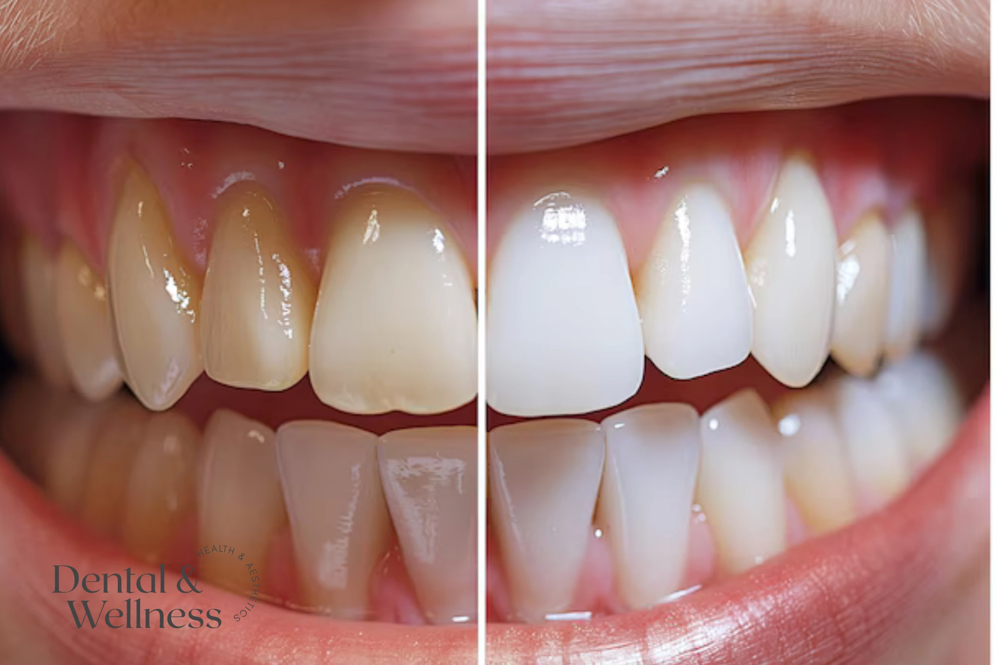 Close-up of teeth split to compare stained enamel on one side with whitened enamel on the other