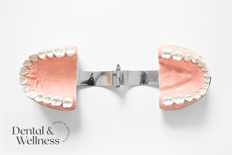 Upper and lower dental models joined on an articulator — anti-snoring mouthpiece guide