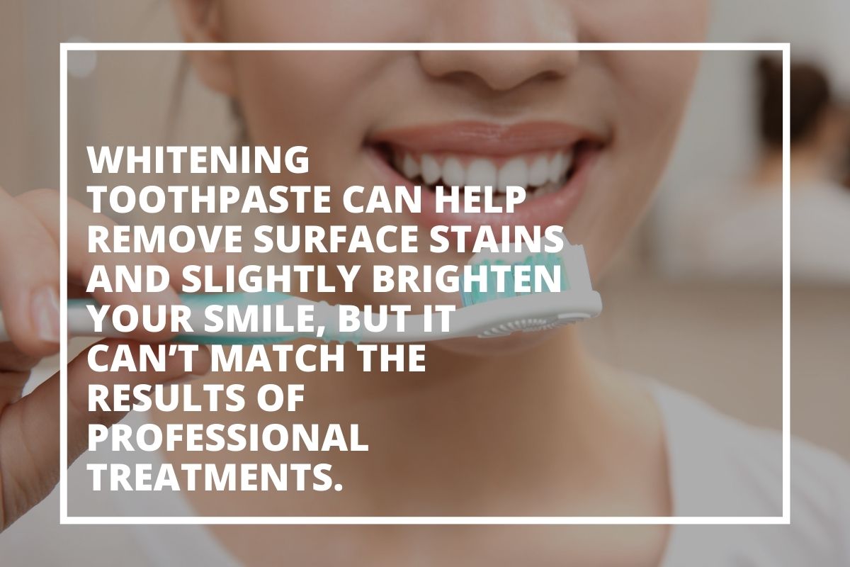 Graphic explaining that whitening toothpaste removes surface stains but can't match professional whitening