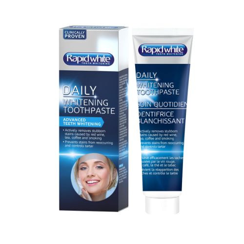 Rapid White daily whitening toothpaste, box and tube