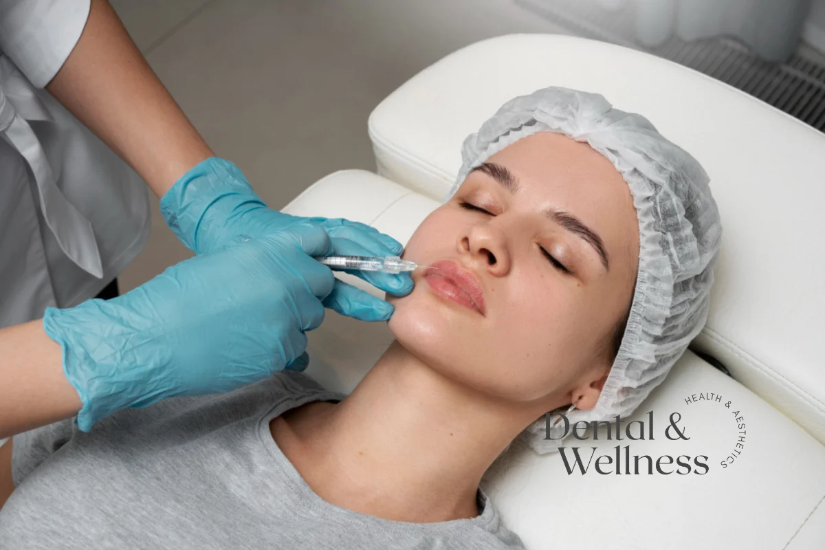 Lip filler longevity: gloved clinician injecting into a woman's lower face during an aesthetic treatment