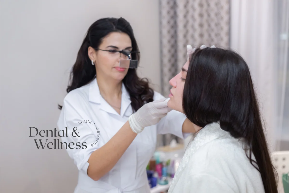 Practitioner assessing a client's lips during a consultation