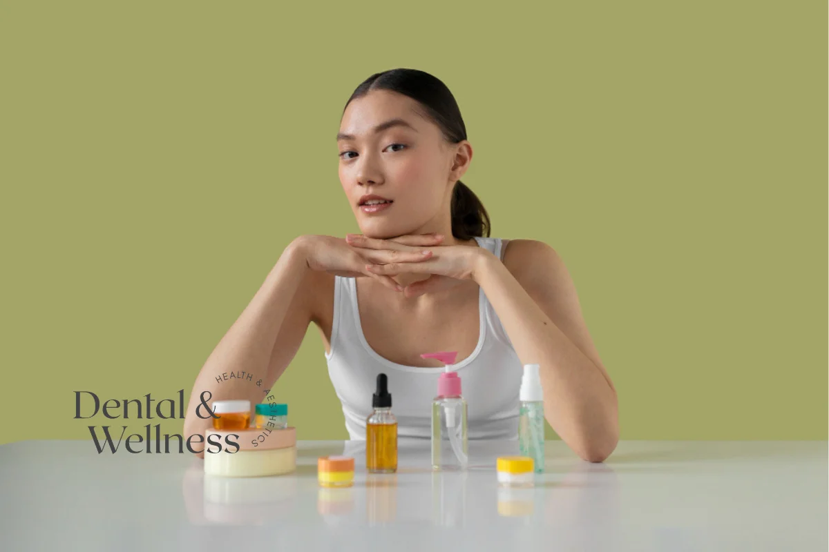 Woman with a selection of skincare serums and creams on the table in front of her