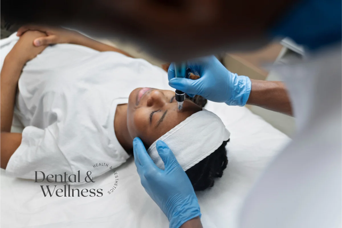 Therapist applying a treatment to a reclining client's face