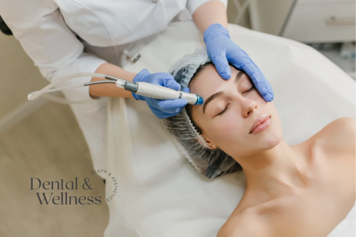 HydraFacial benefits: woman lying back during a hydrating facial treatment with a handheld device