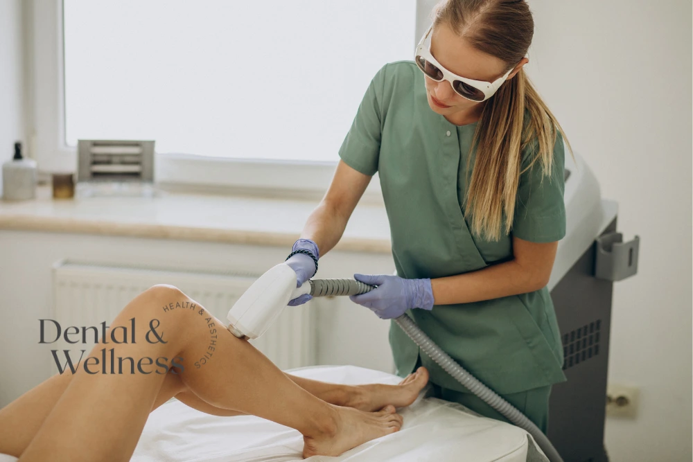 Therapist in protective glasses carrying out laser hair removal on a client's leg