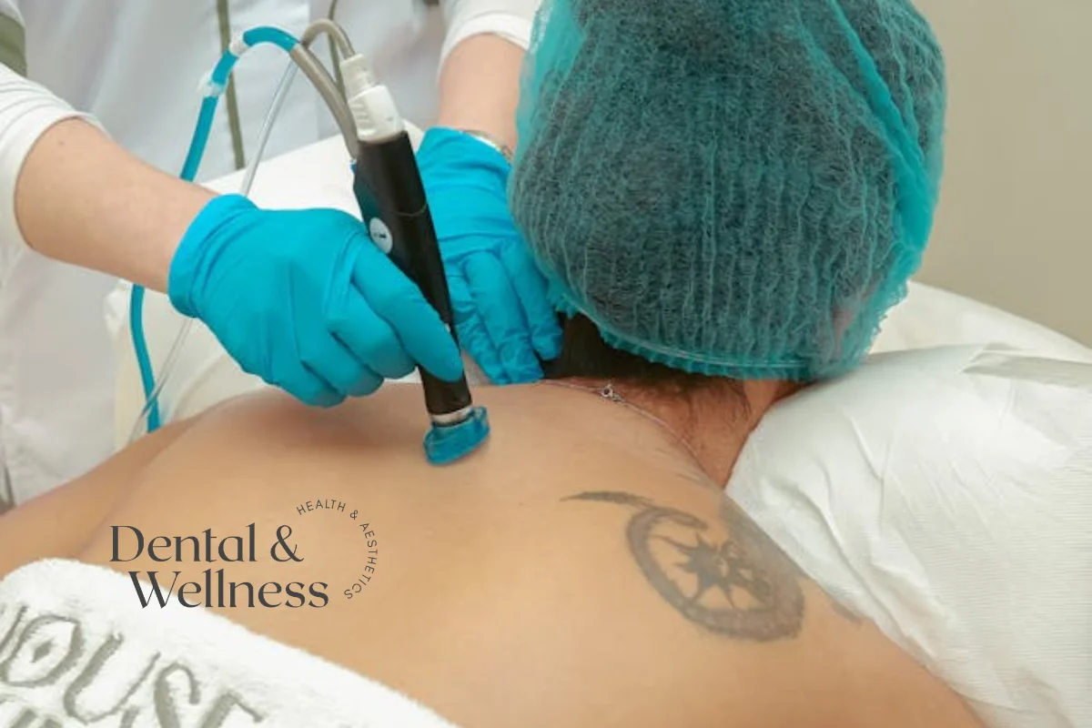 Clinician removing a back tattoo with a laser handpiece