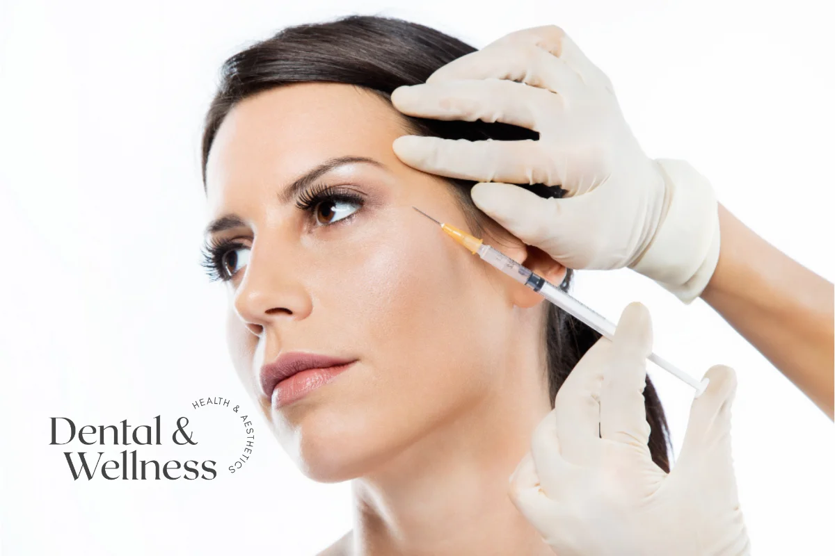 Profhilo before and after: gloved clinician injecting near a woman's temple during a skin treatment