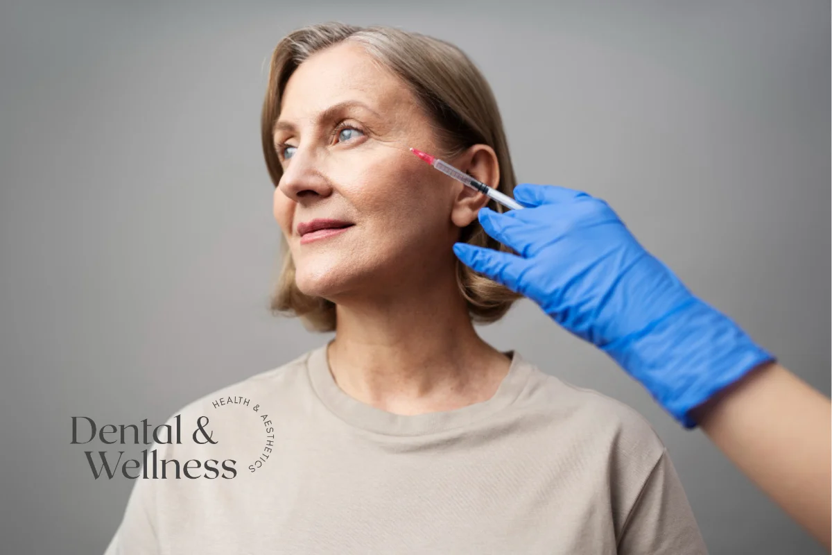 Gloved practitioner injecting beside an older woman's eye — Profhilo before and after