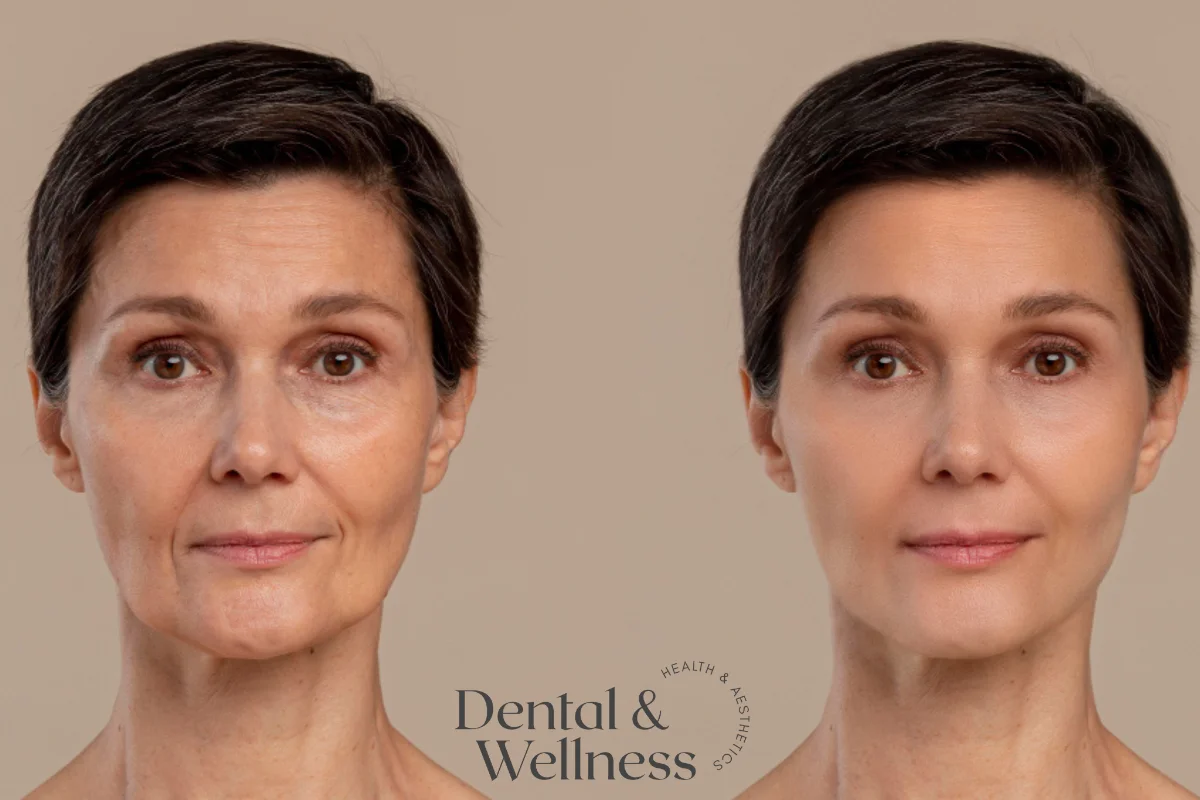Side-by-side portraits of a mature woman comparing skin quality before and after treatment