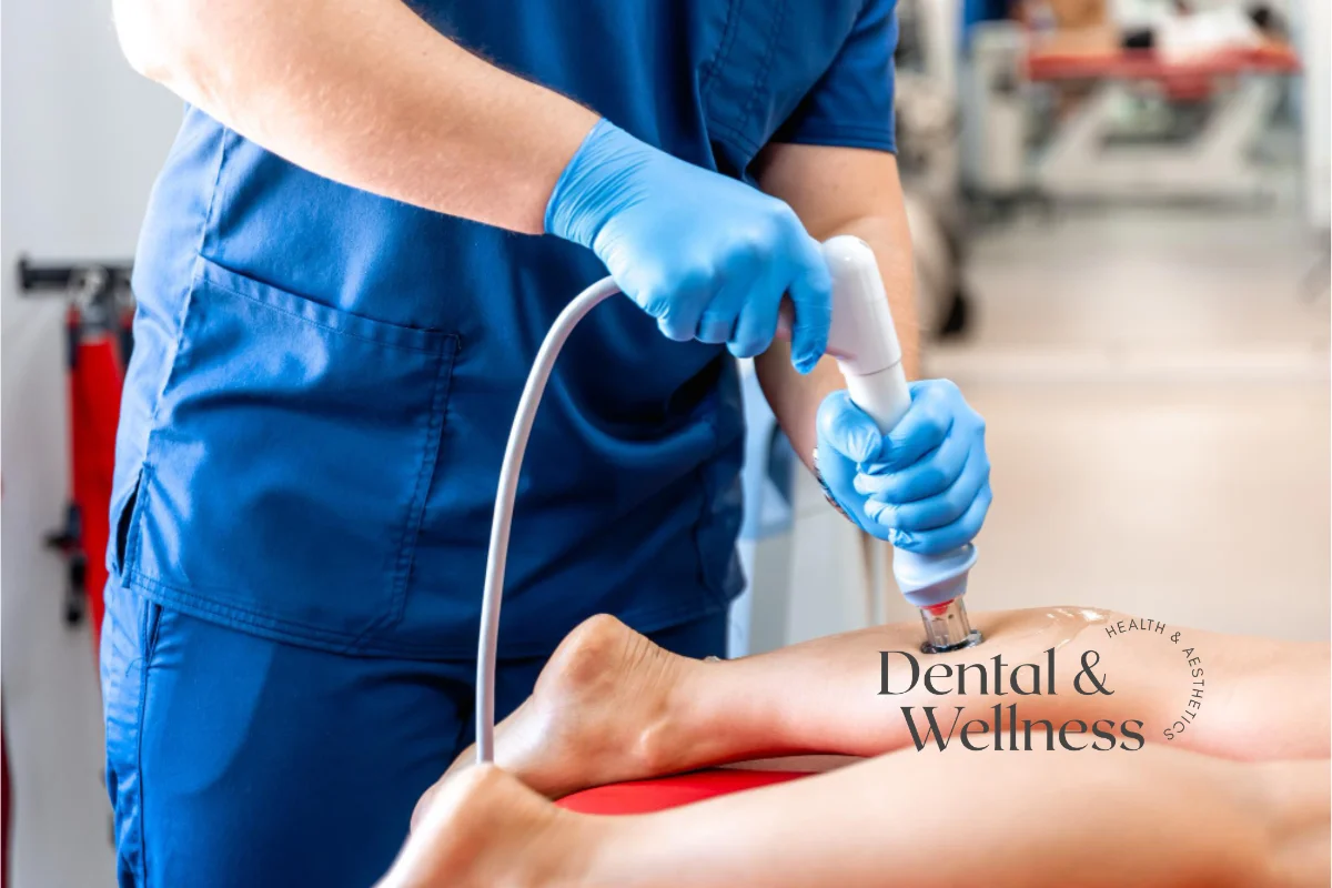 Clinician treating the veins on a patient's leg with a handheld device