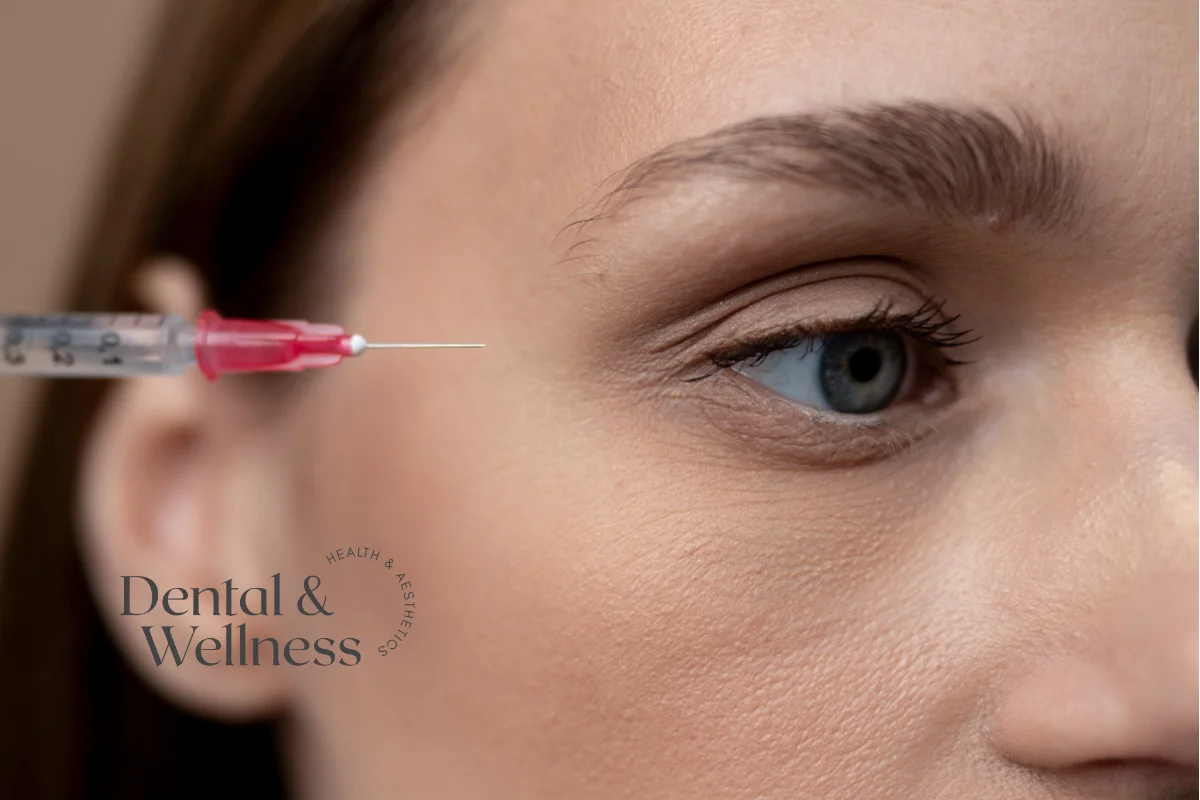 Fine needle positioned beside the under-eye area of a woman's face