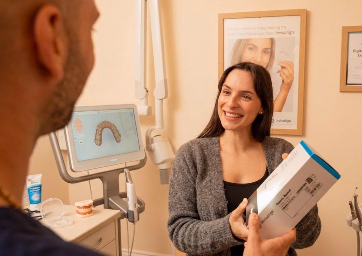 Invisalign: patient holding an Invisalign box beside her dentist, with her digital aligner scan displayed on screen