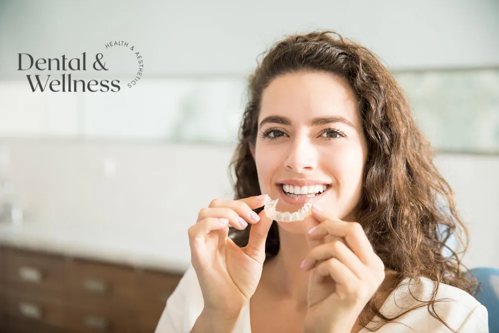 Invisalign vs braces: smiling woman fitting a clear aligner onto her teeth